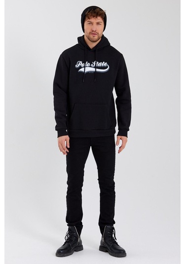 Erkek 3 İplik Pamuklu İçi Polarlı Baskılı Regular Fit Kapüşonlu Kanguru Cepli Siyah Sweatshirt Siyah