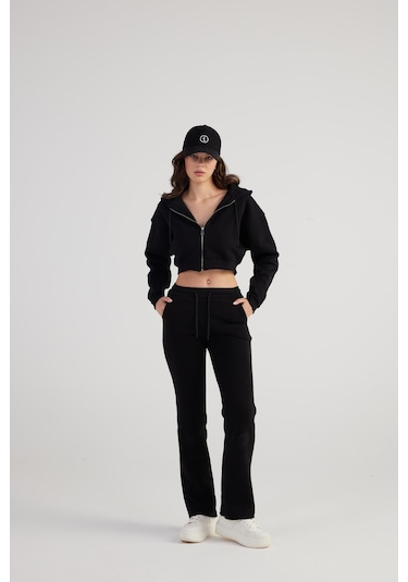 Holly Lolly Kadın Siyah Kapüşonlu Uzun Kol Fermuarlı Crop Mixed Sweat