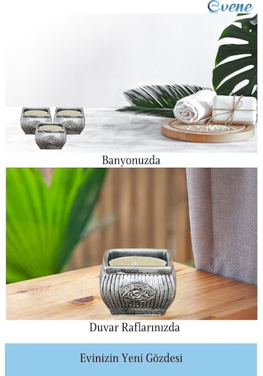 Eskitme Mumluk Şamdan Tealight Mum Uyumlu Mini Çizgili Çiçekli Model - Gümüş Eskitme