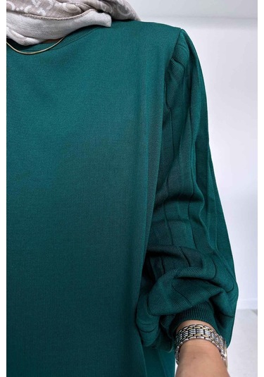 Balon Kol Merserize Elbise - Zümrüt Yeşil