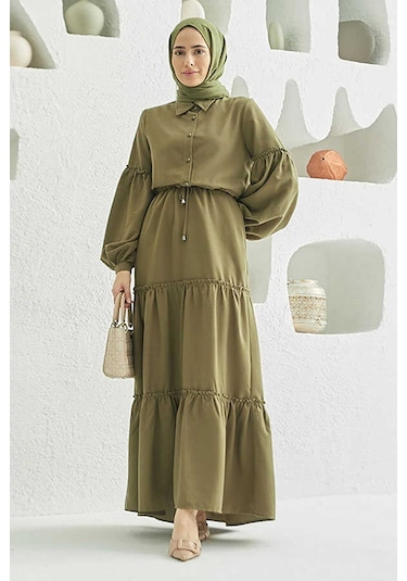 6567-carla Büzgülü Elbise Haki