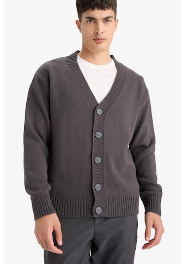 Defacto Relax Fit V Yaka Hırka E5343ax25wngr314 Gri
