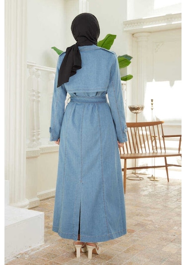 Neways 6458-Battal Allerli Denim Trençkot Mavi Mavi