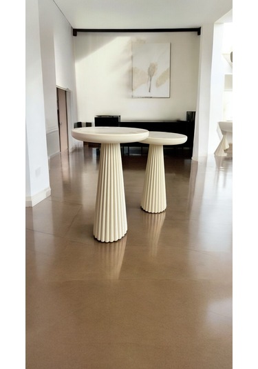 Wood Wooden Ahşap Krem Renk 2'li Set Mantar Yan Sehpa Fiskos