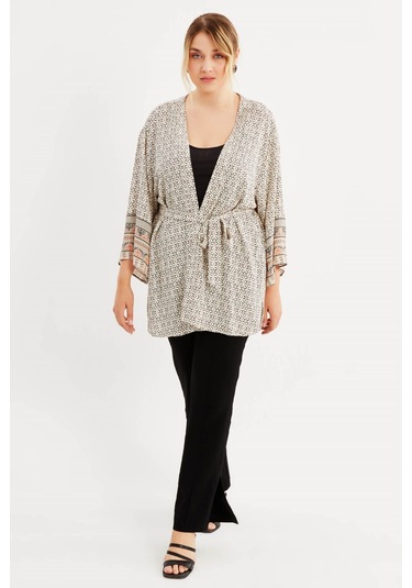Desenli Kemer Detaylı Kimono - Krem