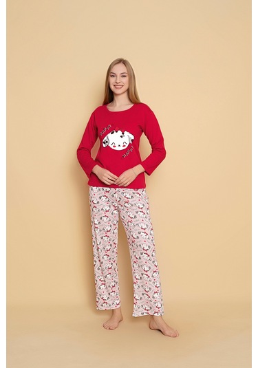 Kadın Penye Sıfır Yaka Uzun Kol Pijama Takımı Kırmızı Happy