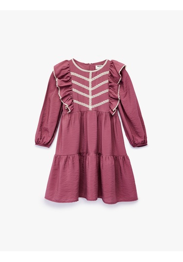 Koton Uzun Kollu Bisiklet Yaka Volanlı Viskon Elbise Bordo 6wkg80032aw Bordo