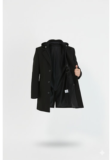 Erkek Siyah Yün Karışımlı Kaşe Kapüşonlu Önü Fermuarlı Kaban-Siyah