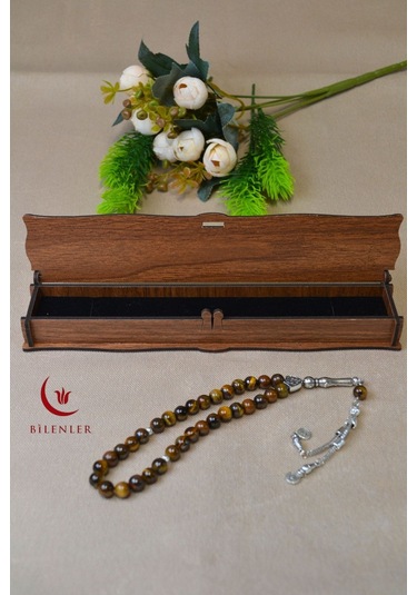 Kaplan Gözü Taşlı 33 Lü Erkek Tesbih Enerji Taşı, Ahşap Kutulu Çok Renkli