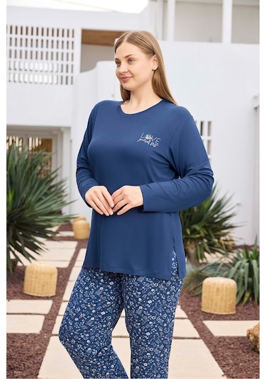 Aydoğan Kadın İnci Büyük Beden İndigo Mavi Pijama Takımı 0494 Mavi
