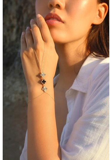 14k Altın Kaplamalı 925 Ayar Gümüş Granada Saray Yoncaları Şahmeran - Siyah Oniks 45104102 Altın