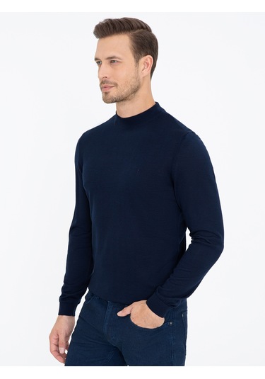 Cacharel Lacivert Slim Fit Çeyrek Balıkçı Yaka Basic Triko Kazak