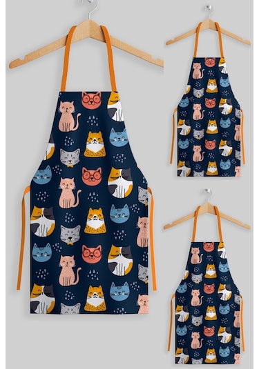 Ays Home 3'lü Anne Çocuk Renkli Kedi Mutfak Önlüğü Seti