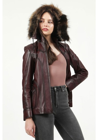 Dericlub Yb-2096 Kapşonlu Gerçek Deri Kadın Kaban