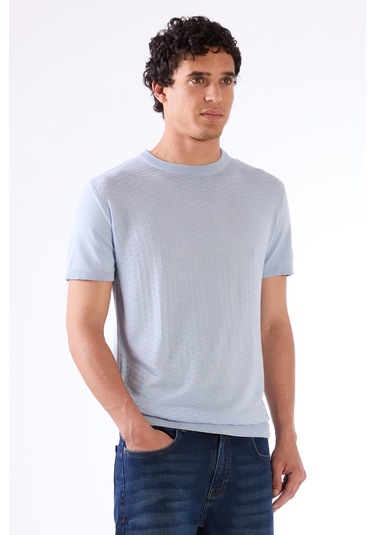 Dufy Buz Mavisi O Yaka Düz Renk Kısa Kollu Slim Fit Triko Tshirt Buz Mavisi