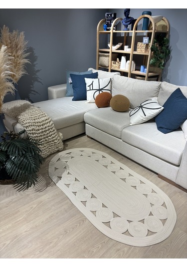 Krem Jüt Hasırlı El Örgüsü Kilim Beyaz