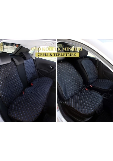 Tay Tüyü Cepli & Terletmez Sırtlı Oto Koltuk Minderi Seti - Koltuk Koruma Kılıfı Ön & Arka Tam Set Siyah-mavi