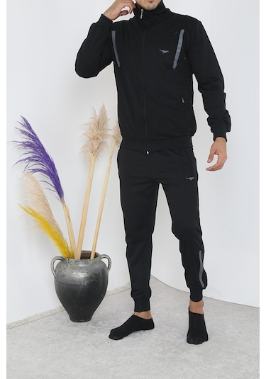 Erkek Dik Yaka Fermuarlı Eşofman Takım - Siyah Siyah