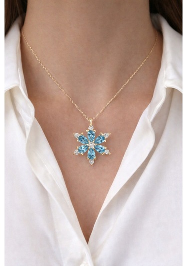 Çekirdekjewelry 925 Ayar Gümüş Akua Taşlı Kamelya Çiçeği Kolye Sarı Akua