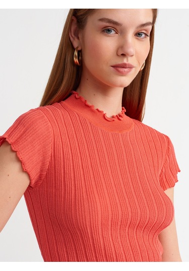 Dilvin Dik Yaka Transparan Triko Bluz Kırmızı