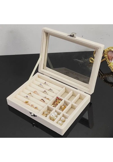 Springsun Yeni Stil Kadife Kuyumluk Kutusu - Toz Ve Oksidasyona Dayanıklı, Yüzük Küpe Kolye Depolama, Bej, 20x15.5x5 Cm Bej