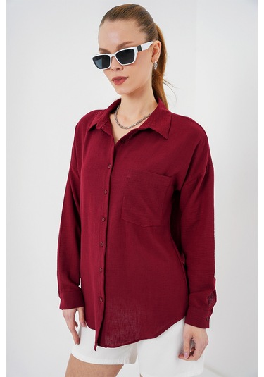 Bigdart 20153 Tek Cepli Oversize Keten Gömlek - Bordo