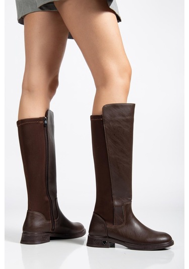 Kahverengi Kadın Çizme Düz Taban Streç Fermuarlı-4332 Kahverengi