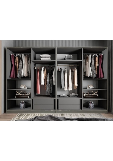 Albero Sürgülü Çekmeceli Gardırop Dolap Füme 400 Cm Montaj Dahil