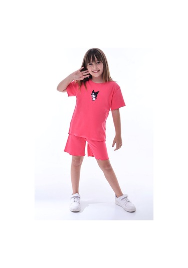 Ribana Beybi Overlok Detaylı Kuromi Nakışlı Alt-üst Takım Fuşya