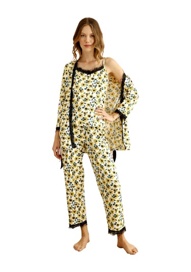 Sabahlıklı Dantel Detaylı Pegasus Kadın Pijama Takımı-çeyizlik Takım- Geniş Beden Aralığı Sarı