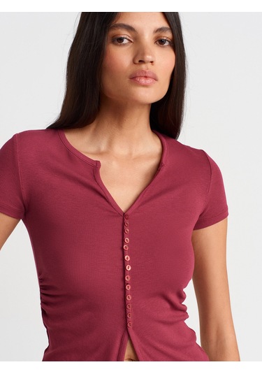 Dilvin 31838 Düğmeli Kısa Kollu Top-açık Bordo Açık Bordo