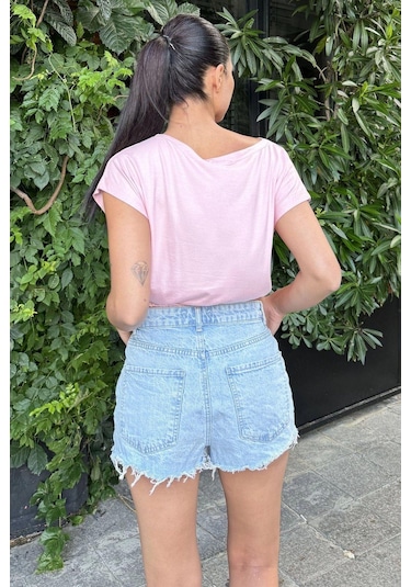 Kadın Pembe Yarım Kol, Geniş Yaka, Tek Cepli, Beli Lastikli Rahat Crop Bluz Pembe