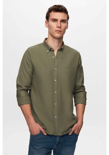 Ds Damat Slim Fit Haki Oxford Düğmeli Yaka Kolay Ütülenebilir Nakış Detaylı Pamuklu Gömlek 4HC02ORT03265 Haki