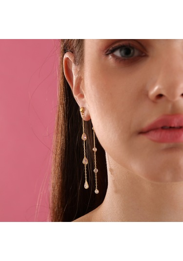 Queen Silver Jewelry 925 Ayar Gümüş. Damla Ve Yuvarlak Zirkon Taş Sallantılı Küpe Altın