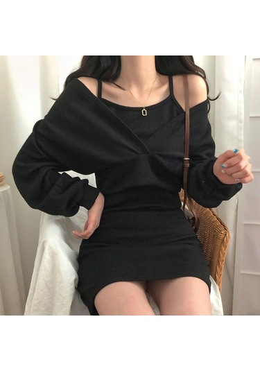 Fransız Mizaç Kayma Elbise + Bluz T-shirt Uzun Kollu Takım Elbise Kadın Ince Düz Renk Elbise Siyah