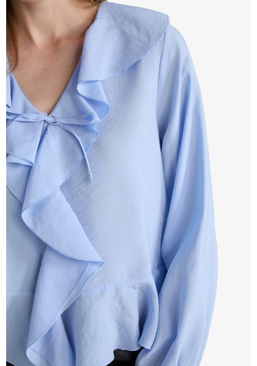 Defacto Regular Fit V Yaka Modal Volanlı Uzun Kollu Bluz G1971ax25wnbe305 Mavi