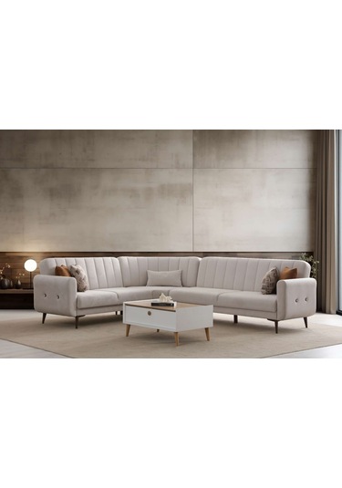 Bona 3 + C Köşe+3'lü Köşetakımı Bej Valebo-03 Ceviz Ayak Bej