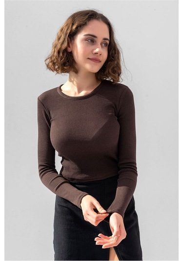 Gri Uzun Kollu Fitilli Bluz Crop Örme T-shirt Kahve