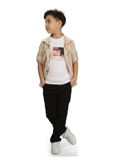 Gömlek , Pantolon , T-shirt 3parça Erkek Çocuk Takım Mnk1754 Bej