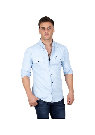 Deepsea Erkek Buz Mavisi Fitilli Çıtçıtlı Kot Gömlek 300421 Buz Mavi