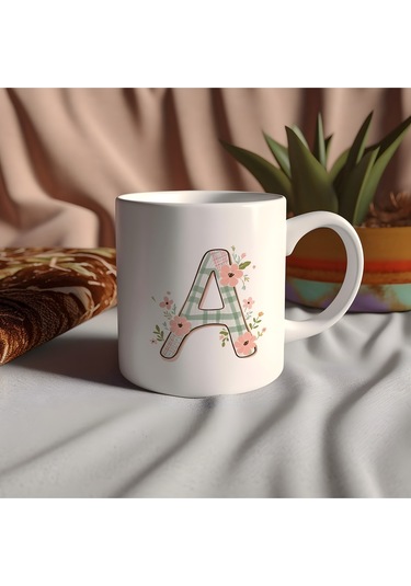 A Harfli Çiçek Desenli Kupa Bardak - Ekose Desenli Yeşil Pembe Desenli Tasarım - Kişiye Özel Hediye Beyaz