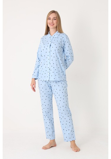 Nbb Kadın Mavi Polka Dot Önden Düğmeli Pijama Takım Mavi