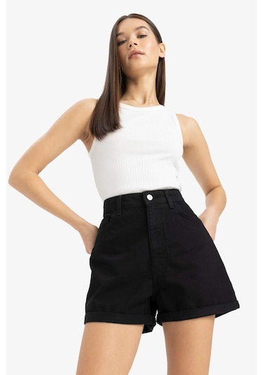 DeFacto Mom Fit Yüksek Bel Duble Paça Jean Şort E0926AX25SMNM40 Siyah
