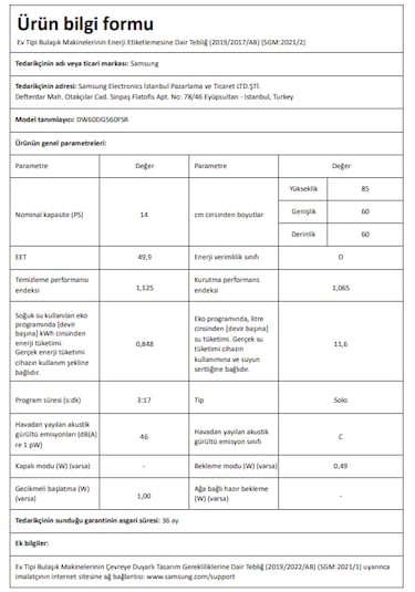 Samsung DW60DG560FSR 6 Programlı 14 Kişilik Bulaşık Makinesi