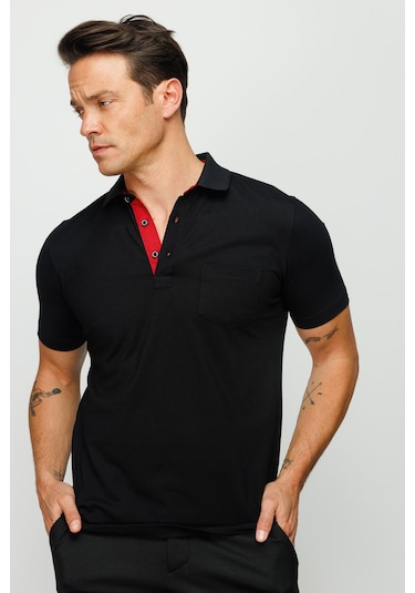 Desen Triko Erkek Polo Yaka Düğmeli Cepli T-Shirt 23201 Siyah