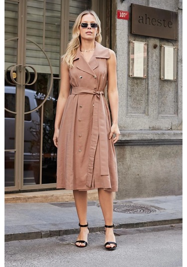 Kadın İpeksi Modal Likrasız Kumaş Anvelop Kruvaze Yakalı Cepli Bağcıklı Midi Boy Diz Altı Elbise-fındık Kabuğu Fındık Kabuğu