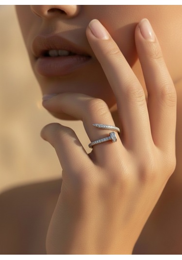 Ayarlanabilir Çivi Model Zirkon Taşlı Silver Renk Çelik Yüzük Gümüş