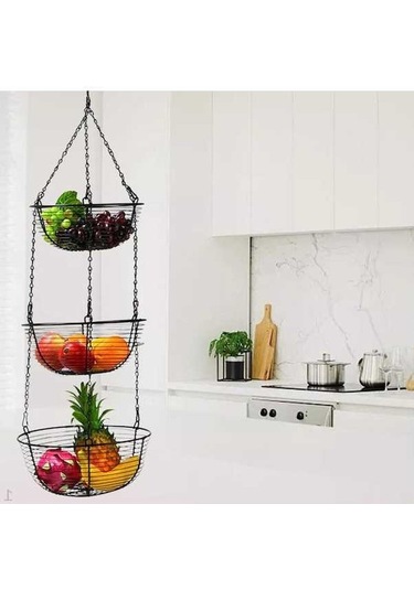 Novahub Demir Asılı Meyve Sepeti Retro, 3 Katmanlı Organizatör, Paslanmaz, Mutfak Dekorasyonu Siyah