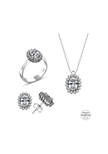 Sertifikalı Swarovski Oval Kesim Tek Taş 925 Gümüş Set