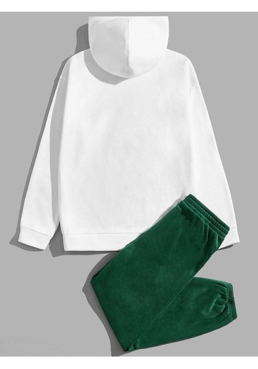 Los Angeles Eşofman Takımı Beyaz Sweatshirt Yeşil Jogger - Baskılı Oversize Şardonlu Kapüşonlu Beyaz Yeşil